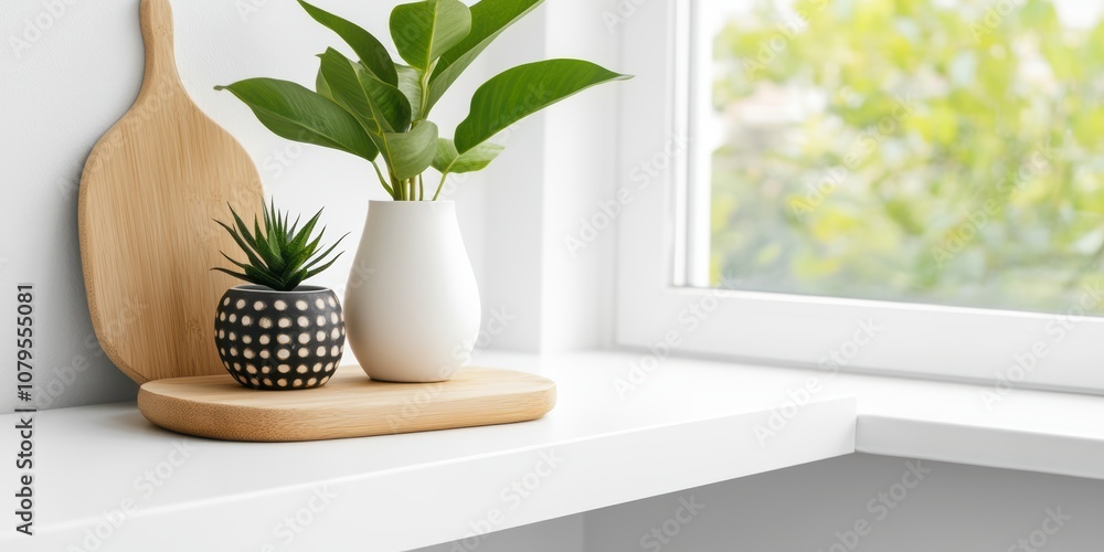 Stylish indoor plant display on modern window sill in bright living space with minimalist decor Stylish indoor plant display on modern window sill in bright living space with minimalist decor