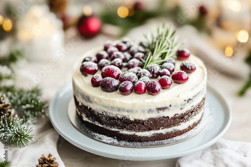 Christmas Cake with Cranberries and Rosemary Garnish