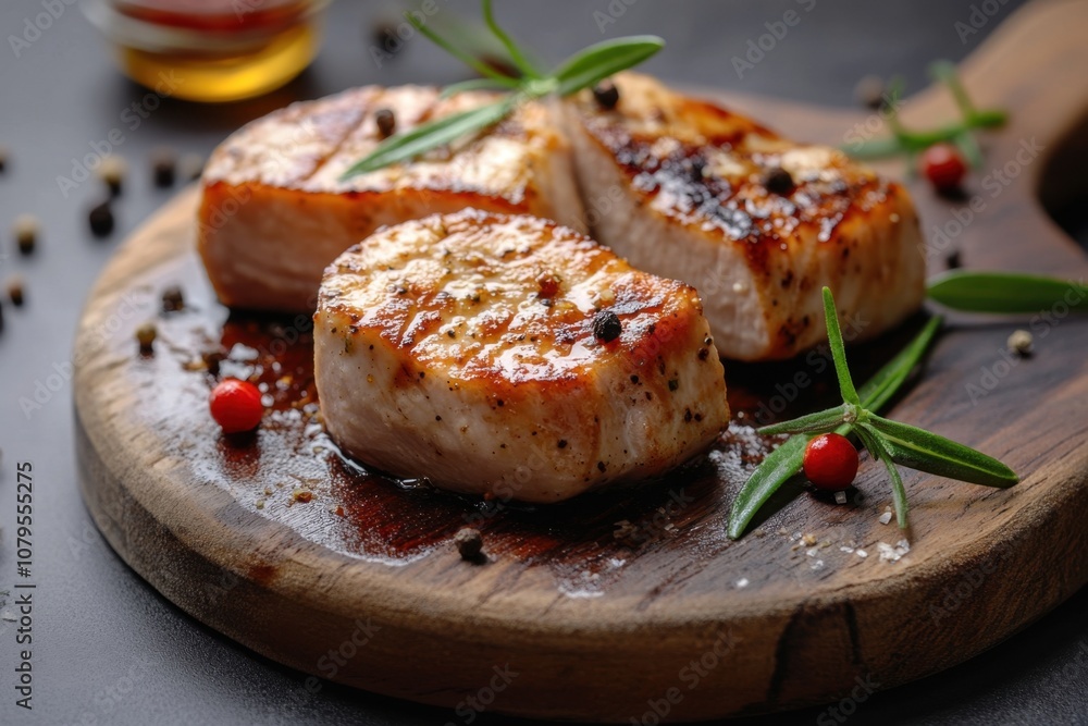 Juicy grilled pork chops on a wooden board with rosemary and peppercorns. Juicy grilled pork chops on a wooden board with rosemary and peppercorns.