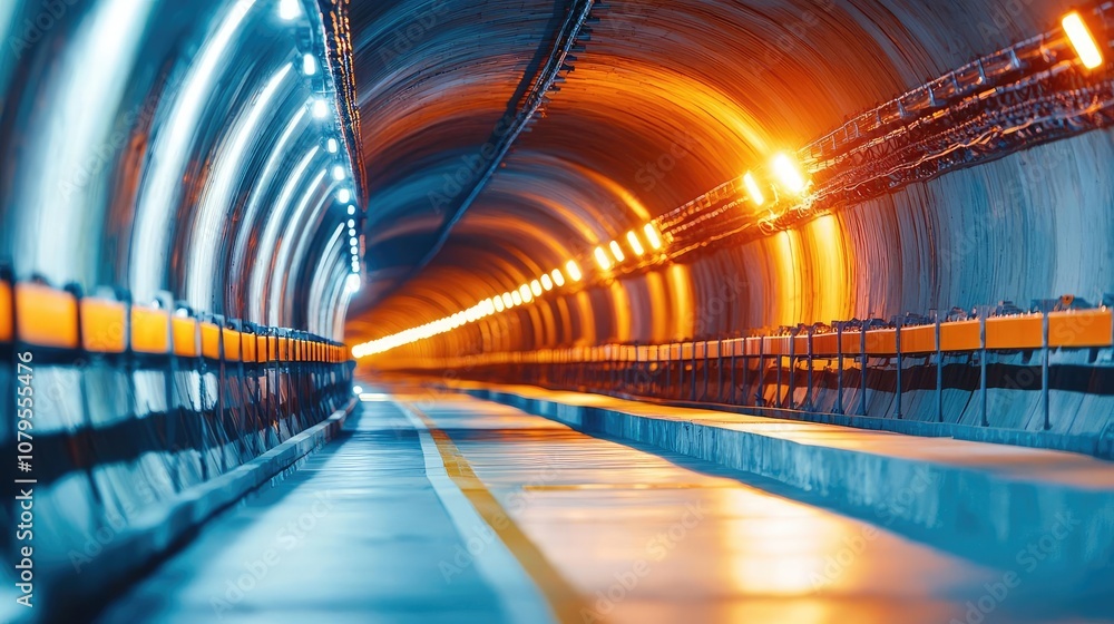 Illuminated underground tunnel with smooth reflective surface and vibrant lighting. Illuminated underground tunnel with smooth reflective surface and vibrant lighting.