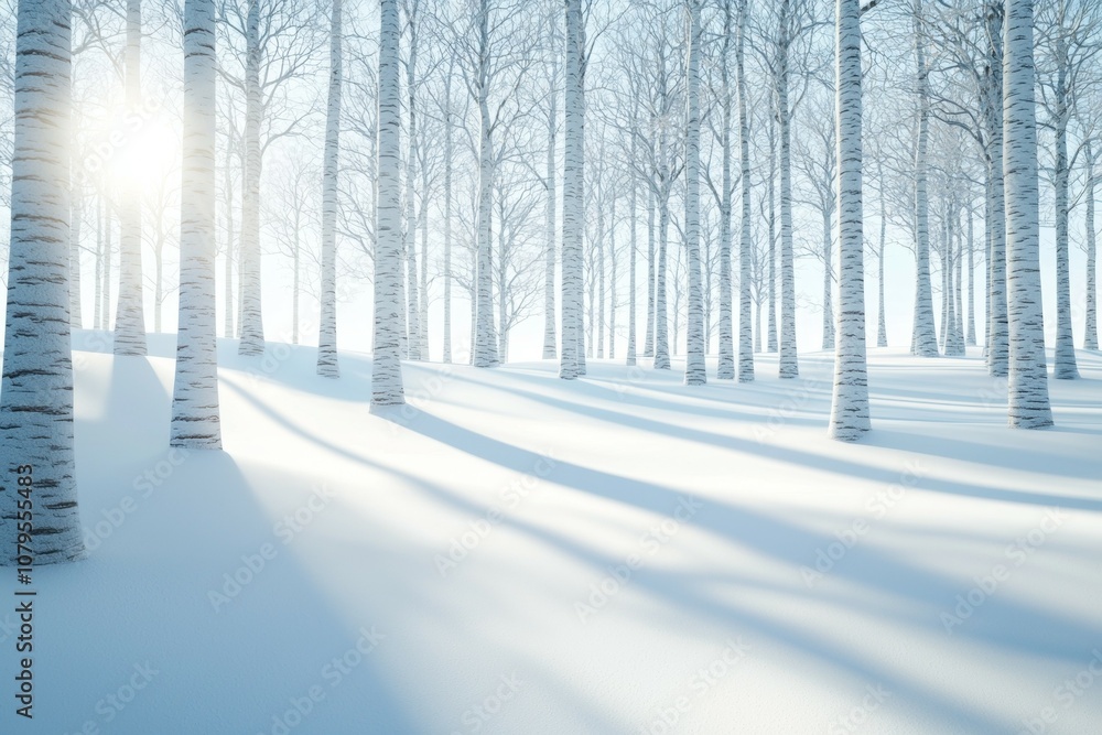 Naklejka premium A snowy forest with trees and a sun shining through the trees