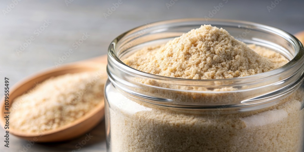 A close-up of a jar of fiber supplement powder with psyllium husk A close-up of a jar of fiber supplement powder with psyllium husk