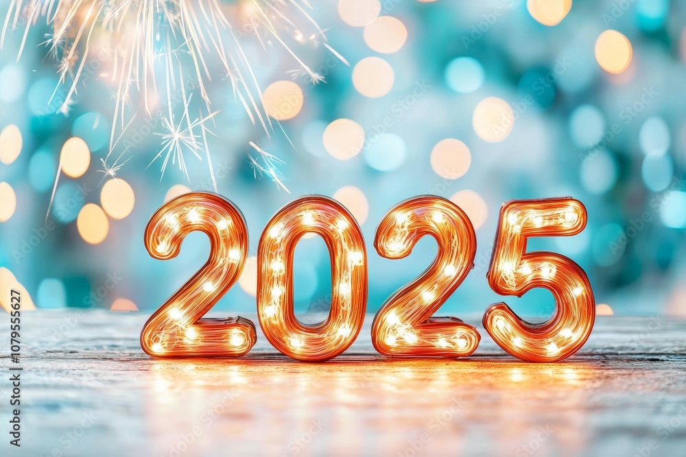 A set of lit up letters spelling out the number 2025 A set of lit up letters spelling out the number 2025
