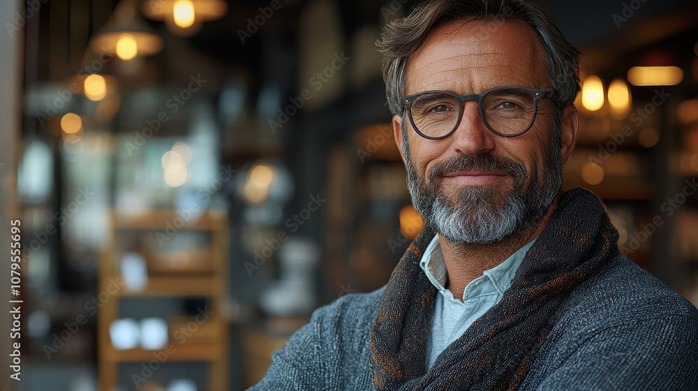smiling man with glasses wearing scarf in cozy cafe setting smiling man with glasses wearing scarf in cozy cafe setting