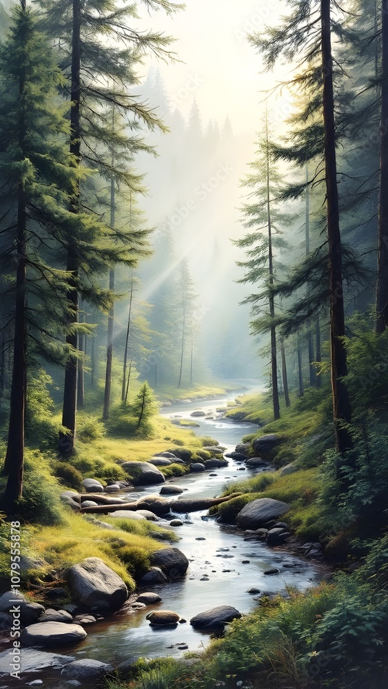 A serene forest landscape with a flowing stream during early morning light. Generative AI A serene forest landscape with a flowing stream during early morning light. Generative AI