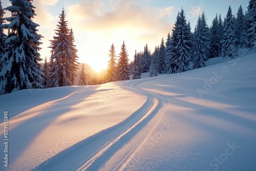 A snow covered field with a sun shining on it