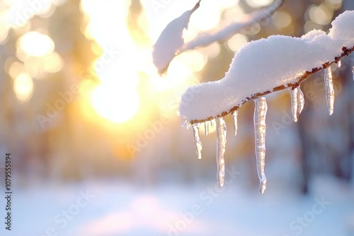 A branch covered in ice and snow with the sun shining on it
