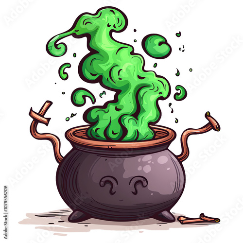 A whimsical cauldron bubbling with vibrant green potion, perfect for fantasy themes and magical illustrations. photo