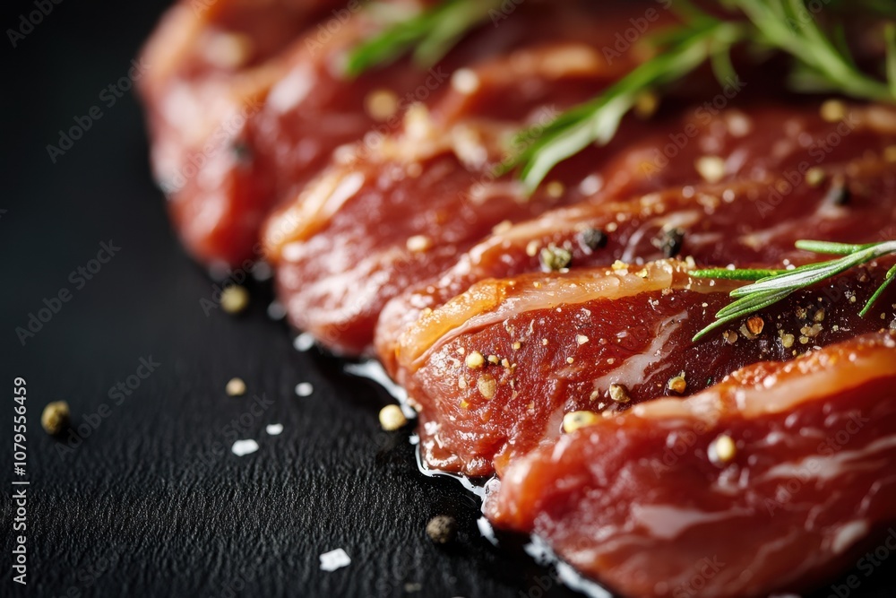 Raw marinated beef steaks with rosemary, salt and pepper on a black slate board. Raw marinated beef steaks with rosemary, salt and pepper on a black slate board.
