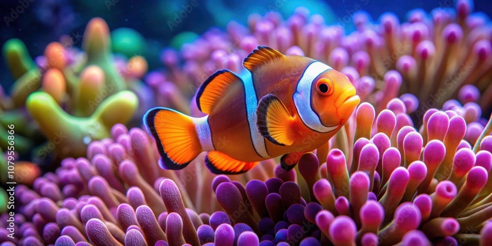 Colorful clown fish swimming among vibrant anemones in the deep sea underwater, clown fish, anemone, deep sea Colorful clown fish swimming among vibrant anemones in the deep sea underwater, clown fish, anemone, deep sea