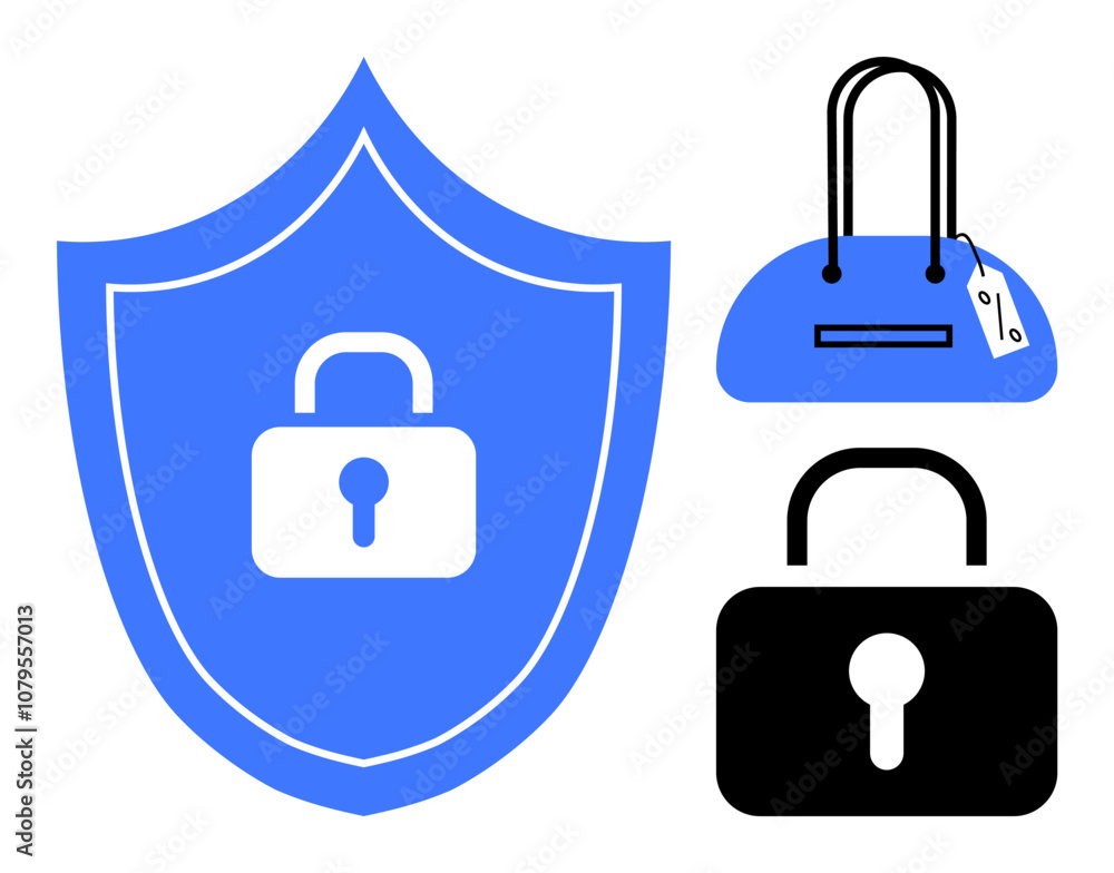 Lock inside a blue shield and separate black lock alongside a handbag with a price tag. Ideal for security, protection, shopping, e-commerce, privacy, cybersecurity, and retail themes. Line metaphor Lock inside a blue shield and separate black lock alongside a handbag with a price tag. Ideal for security, protection, shopping, e-commerce, privacy, cybersecurity, and retail themes. Line metaphor