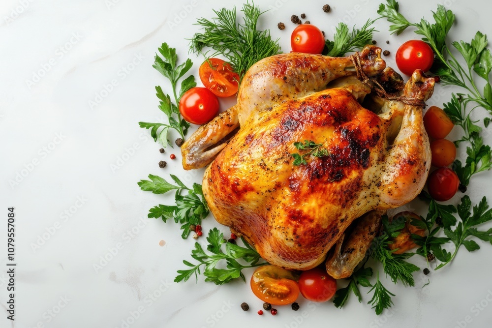 Roasted chicken with tomatoes, herbs and spices on white marble background. Roasted chicken with tomatoes, herbs and spices on white marble background.