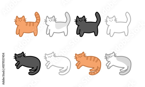 Set de ocho gatos tiernos de colores. Gatos parados y durmiendo.
