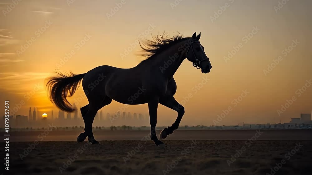 A silhouette of a horse trotting against a sunset backdrop with a city skyline. A silhouette of a horse trotting against a sunset backdrop with a city skyline.