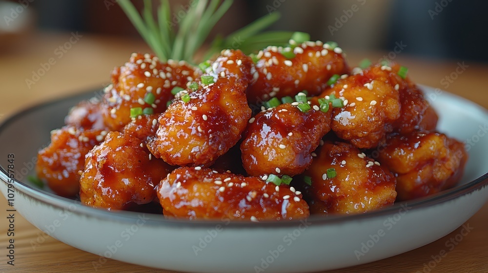 Korean Fried Chicken Delight, mouthwatering close-up showcasing crispy texture, rich sauce, vibrant garnishes, inviting and appetizing presentation Korean Fried Chicken Delight, mouthwatering close-up showcasing crispy texture, rich sauce, vibrant garnishes, inviting and appetizing presentation