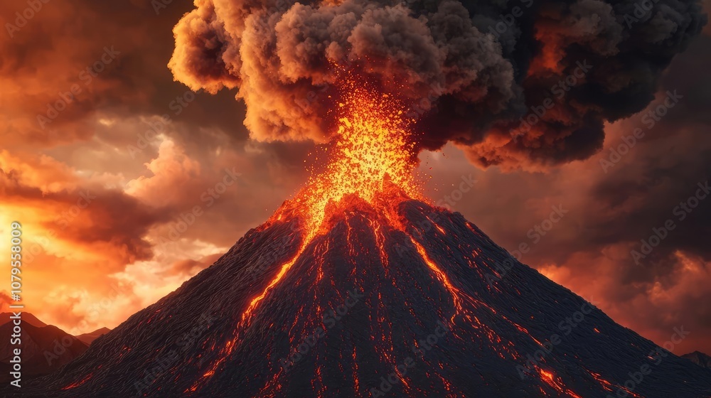 Fototapeta premium Erupting volcano with lava and ash against a dramatic sunset sky.