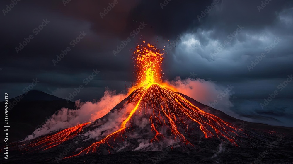 Fototapeta premium Erupting volcano with lava flow, dramatic clouds above, glowing hot magma.