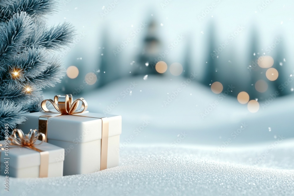 A white box with a gold bow sits on a snowy hillside next to a pine tree A white box with a gold bow sits on a snowy hillside next to a pine tree