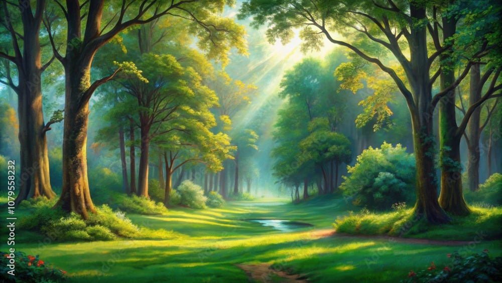 Naklejka premium Oil painting of lush green trees in a serene forest setting, trees, oil painting, nature, landscape, green, foliage, artwork