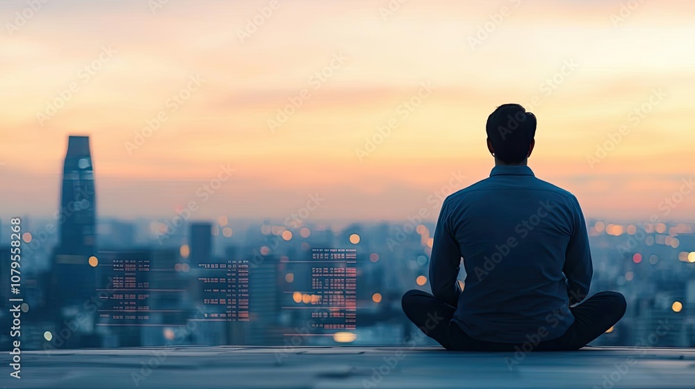 Silhouette of a man sitting at sunset, overlooking the city skyline. Silhouette of a man sitting at sunset, overlooking the city skyline.