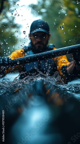 Rower in action, intense concentration, droplets splashing from oar, dynamic water scene, powerful athleticism, engaging moment