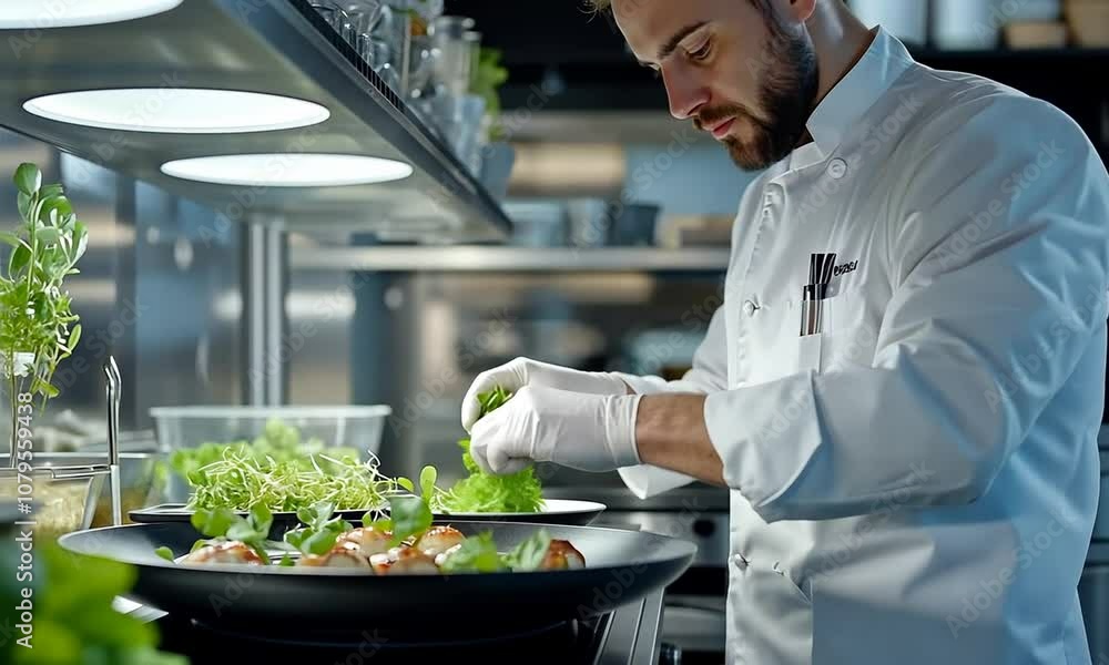 A chef carefully places fresh greens on a plate of food. A chef carefully places fresh greens on a plate of food.