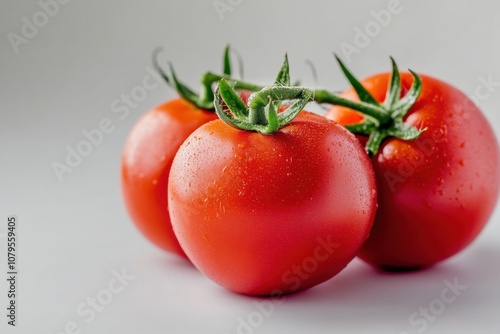 Three ripe red tomatoes on a vine with water droplets on a white background.