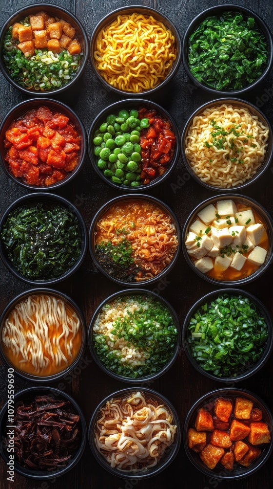 Artfully arranged vibrant bowls of ramen toppings showcasing a variety of textures and colors, inviting culinary exploration and appreciation Artfully arranged vibrant bowls of ramen toppings showcasing a variety of textures and colors, inviting culinary exploration and appreciation