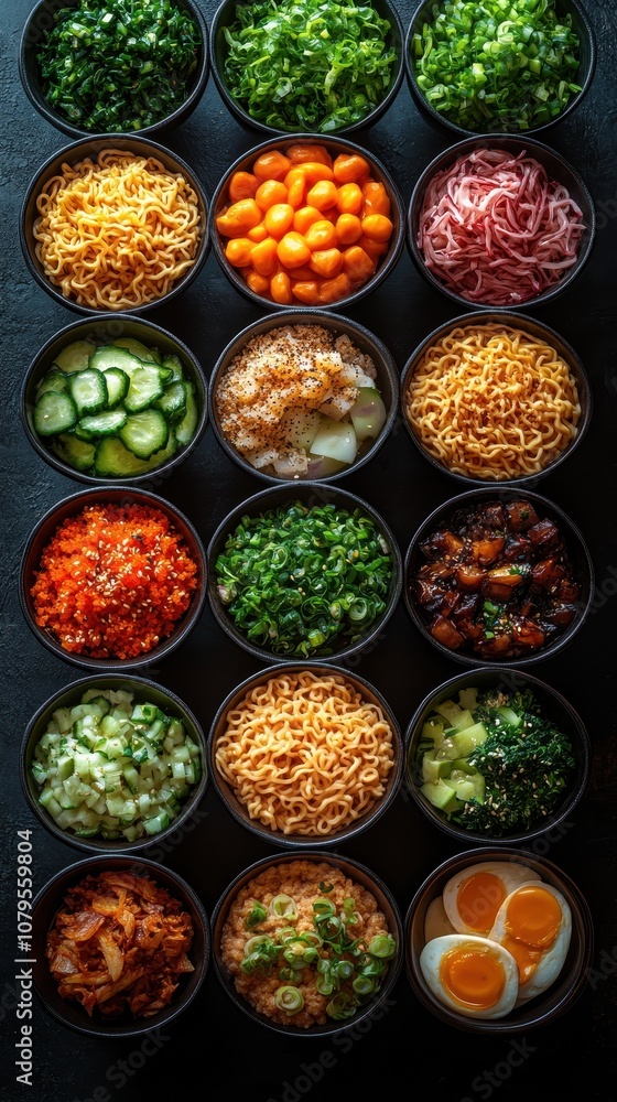 Vibrant Ramen Toppings Display, An artistic arrangement of colorful bowls filled with various ramen toppings, showcasing textures and colors. Vibrant Ramen Toppings Display, An artistic arrangement of colorful bowls filled with various ramen toppings, showcasing textures and colors.