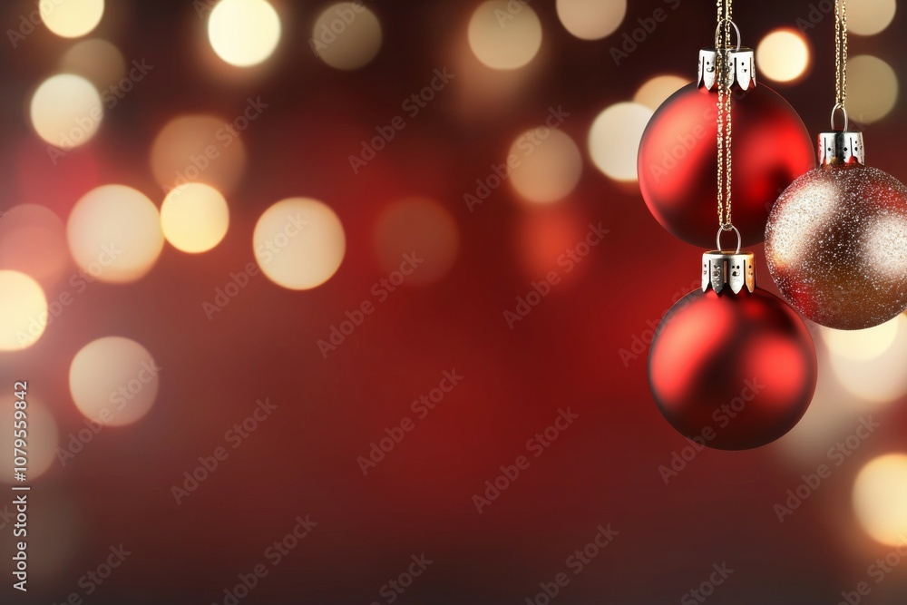 A red background with three red and gold Christmas ornaments hanging from it A red background with three red and gold Christmas ornaments hanging from it