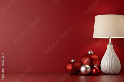 A red and white lampshade sits on a red background photo