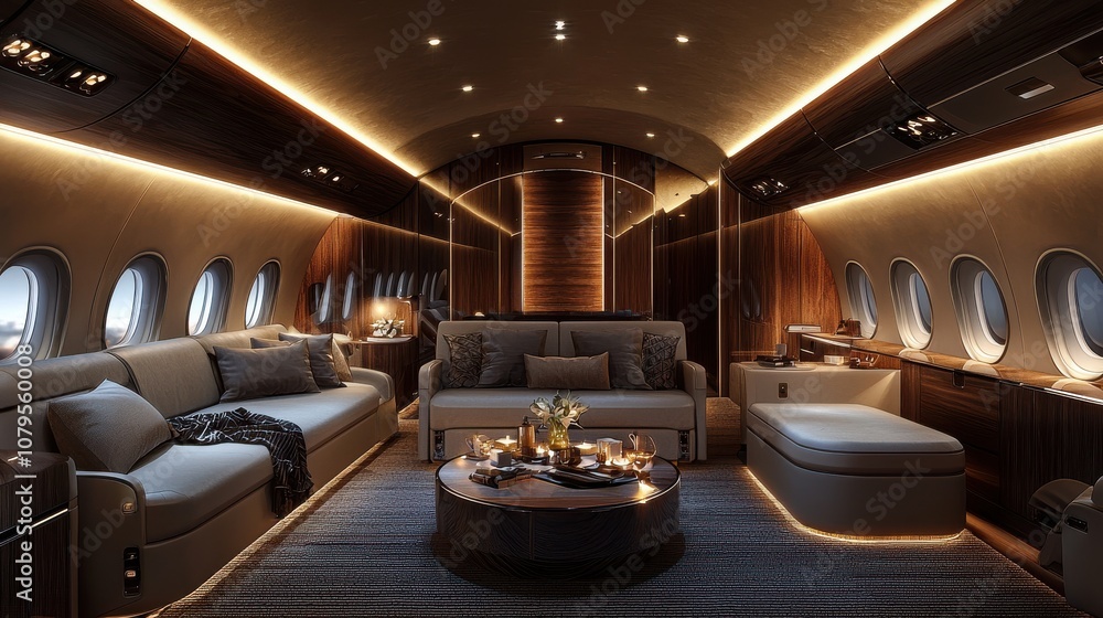 Experience luxurious travel aboard a soft bluelit airplane aisle in a nighttime airport setting Experience luxurious travel aboard a soft bluelit airplane aisle in a nighttime airport setting