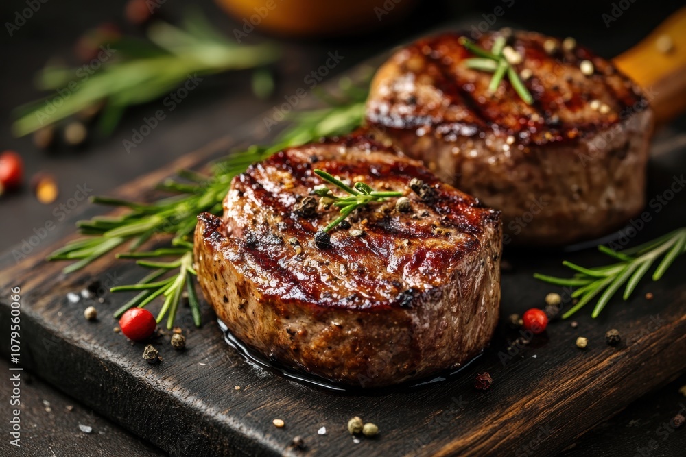 Two perfectly cooked steaks with rosemary and peppercorns on a wooden cutting board. Two perfectly cooked steaks with rosemary and peppercorns on a wooden cutting board.