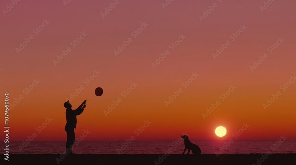 Fototapeta premium Silhouetted figure playing ball with a dog at sunset.