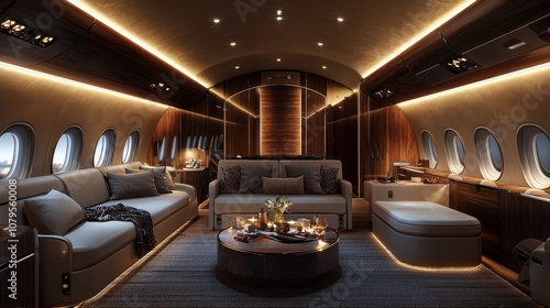 Experience luxurious travel aboard a soft bluelit airplane aisle in a nighttime airport setting photo