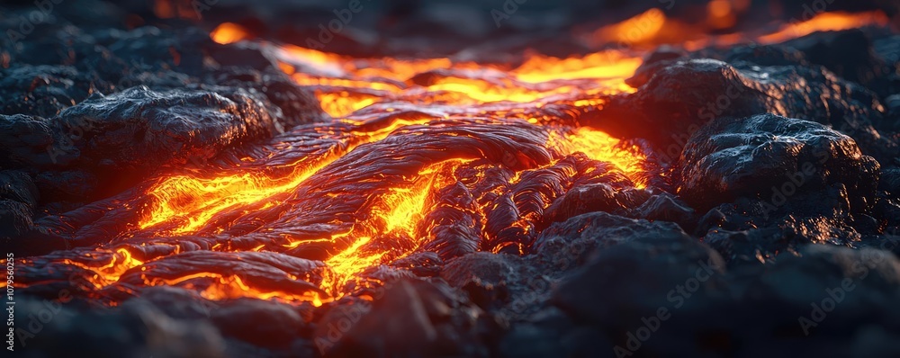 Fototapeta premium Lava flow on volcanic surface glowing with vibrant orange colors.