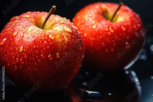 Two red apples with water drops on black background. photo