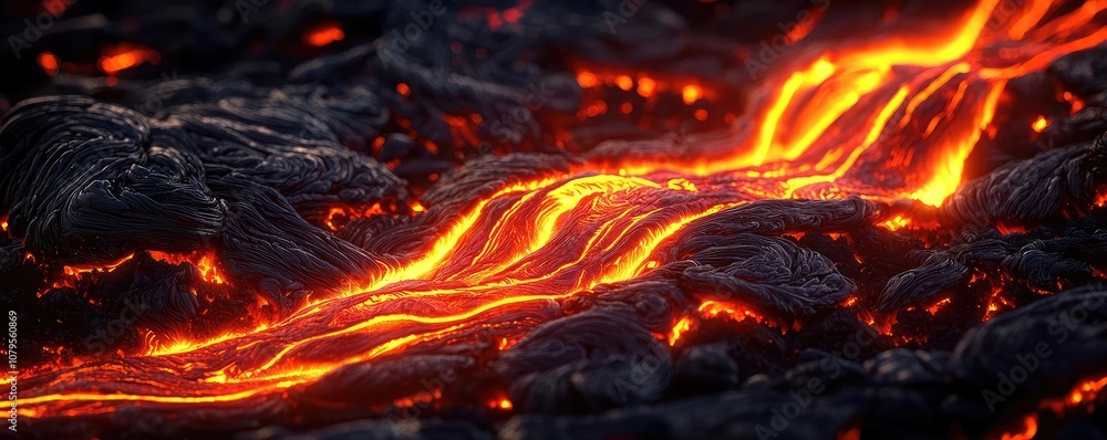 Flowing lava on dark volcanic rock surface, glowing orange and red, vibrant nature scene. Flowing lava on dark volcanic rock surface, glowing orange and red, vibrant nature scene.