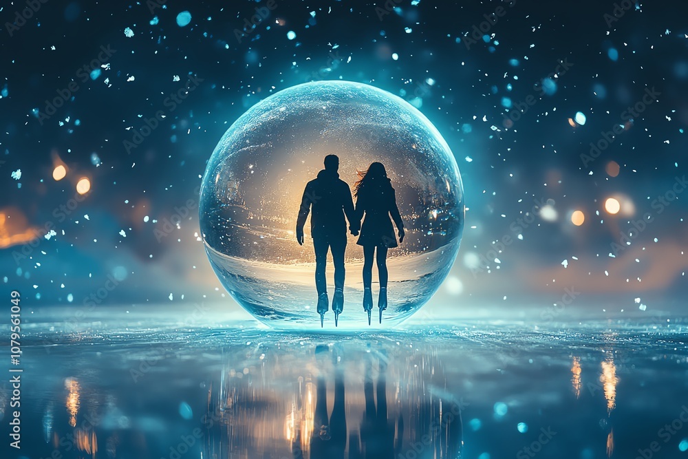 A couple ice-skating hand-in-hand inside a snow globe, soft moonlight and glimmering ice A couple ice-skating hand-in-hand inside a snow globe, soft moonlight and glimmering ice