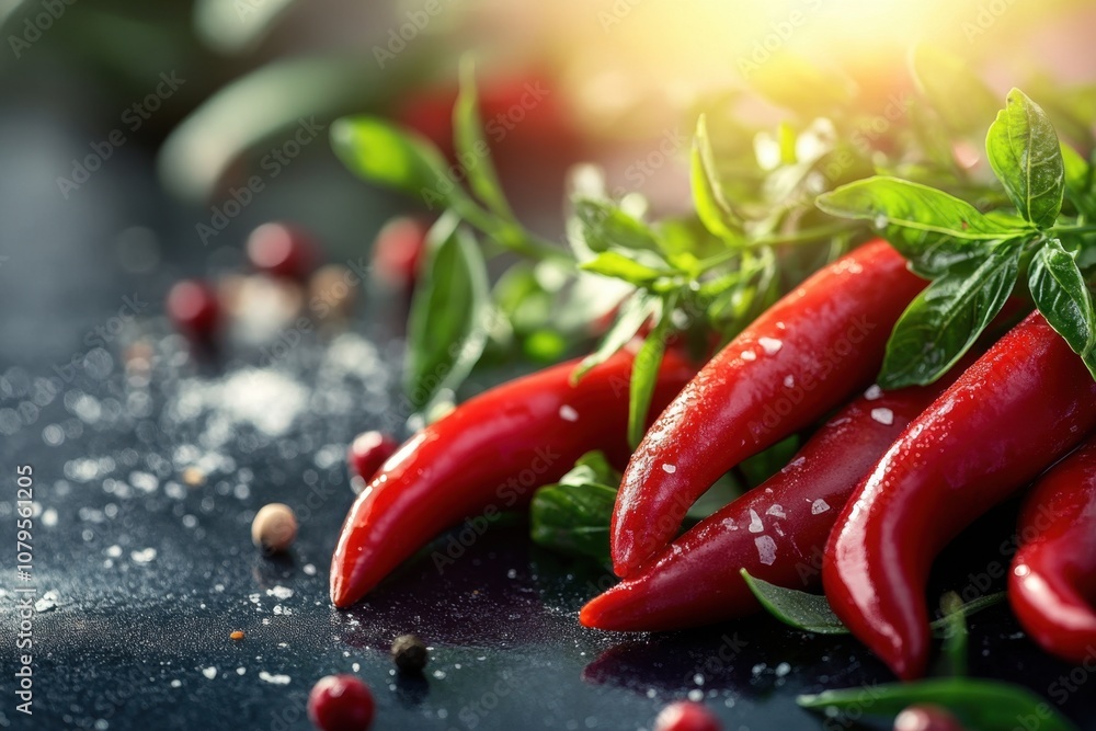 Close up of red chili peppers with fresh herbs, salt and peppercorns on a black surface. Close up of red chili peppers with fresh herbs, salt and peppercorns on a black surface.