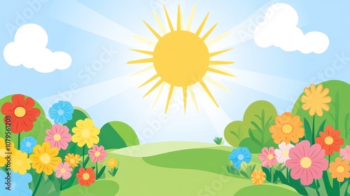 A vibrant landscape featuring flowers, green hills, and a bright sun against a blue sky.