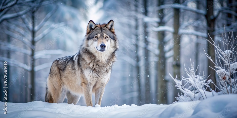 Naklejka premium Majestic gray wolf in a snowy forest , wildlife, predator, wilderness, nature, animal, pack, hunting, howling, fur, wilderness, majestic