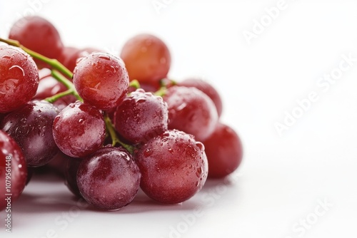 Close-up of a bunch of red grapes with water droplets on a white background.