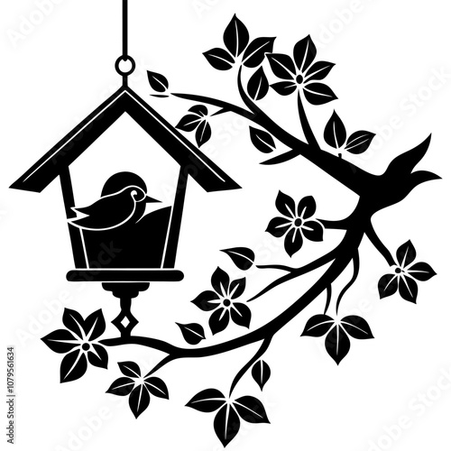 a silhouette of a small birdhouse hanging