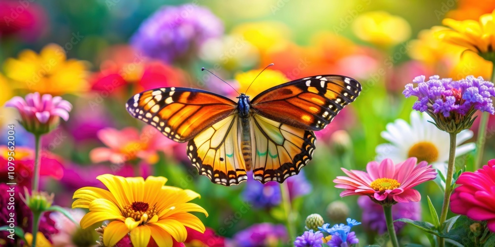 Naklejka premium Vibrant butterfly resting on colorful flowers in a beautiful springtime scene, butterfly, colorful, flowers, spring, nature