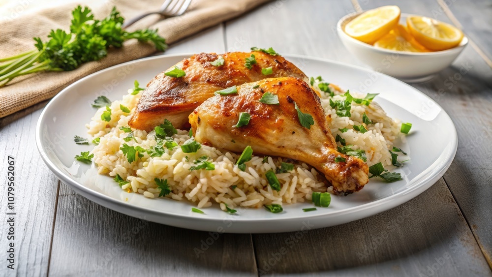 Chicken with rice dish served on a white plate, poultry, food, meal, delicious, cooked, dinner, lunch, noodles, vegetable, gourmet Chicken with rice dish served on a white plate, poultry, food, meal, delicious, cooked, dinner, lunch, noodles, vegetable, gourmet