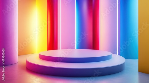 Colorful Neon Lights Stage Studio Mockup with Two Cylinders and a Platform for Product Display.