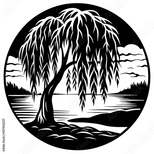 a silhouette of a willow tree drooping over a quie