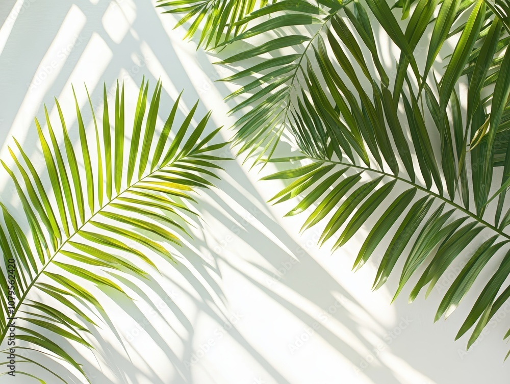 Obraz premium Palm Leaf Shadow Overlays - Tropical Background with Green Leaves and Sun Rays on White