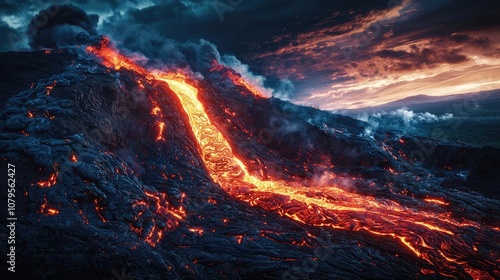 Lava flowing from an active volcano under a dramatic sky.